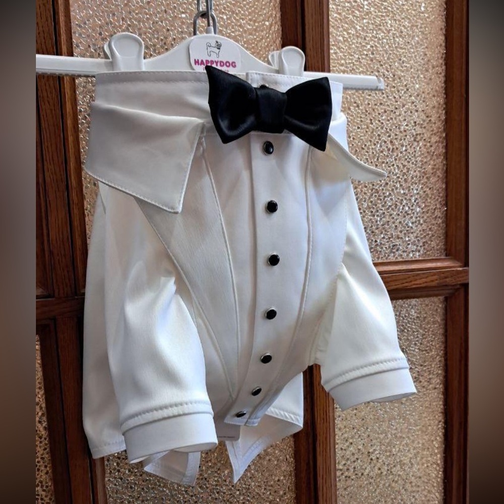 Dog custom ivory and black tie tuxedo